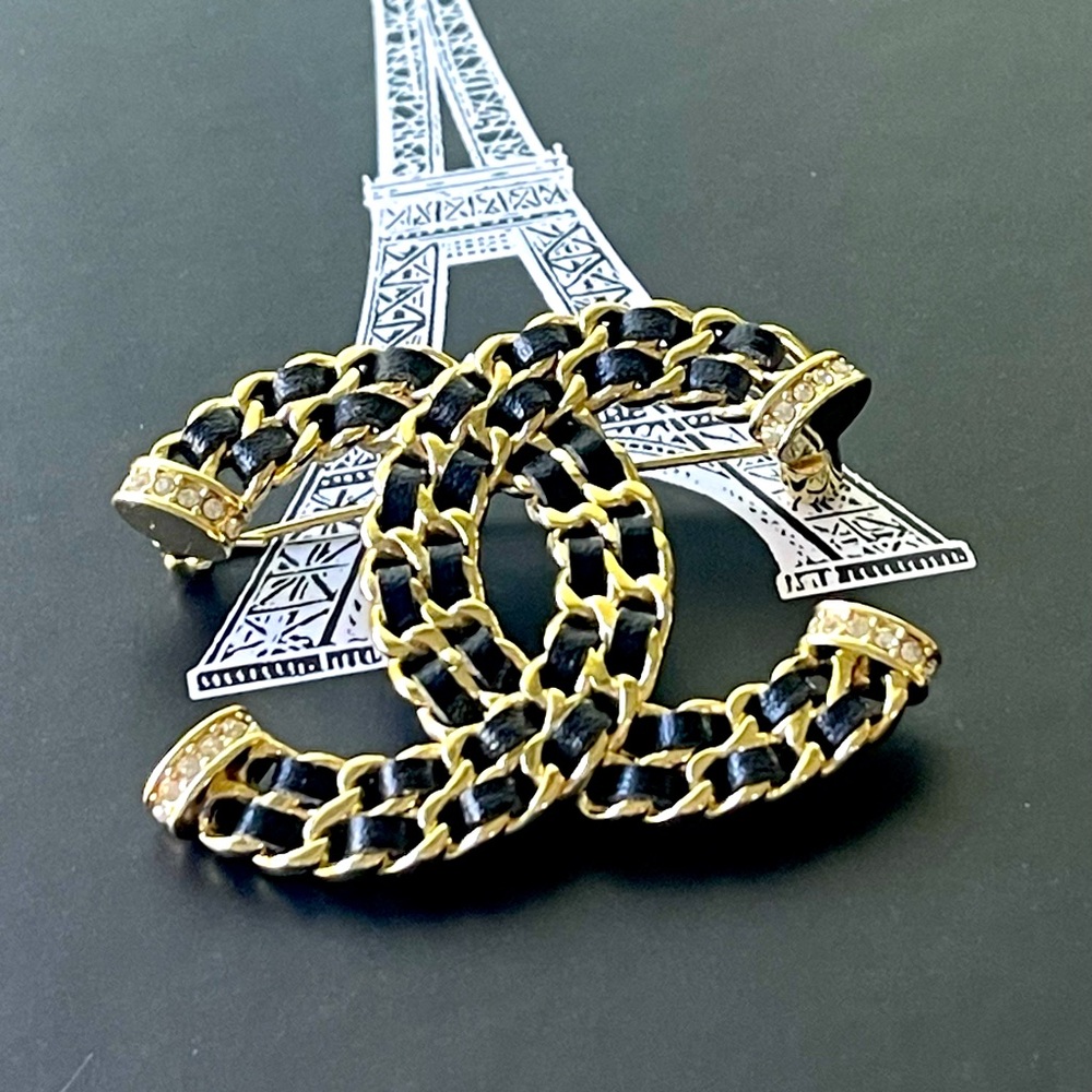 Leather design monogram brooch pin in gold